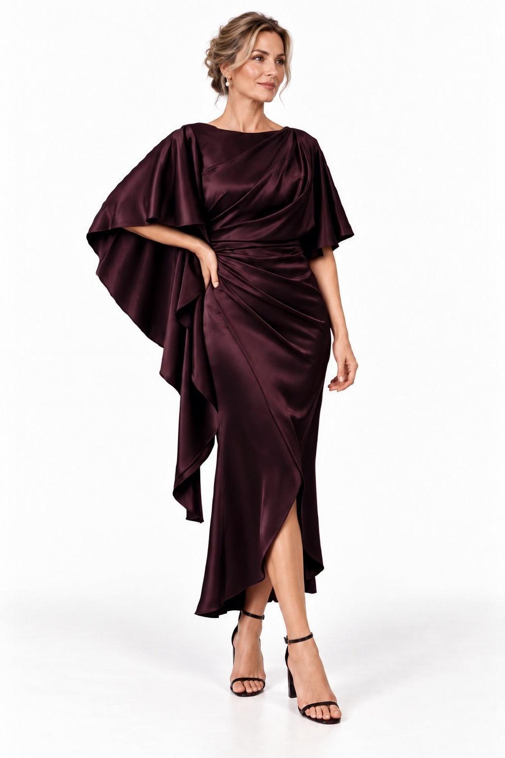 Sheath-Column High-Low Stretch Satin Mother of the Bride Dress CM0522 - Wine - COCOMELODY